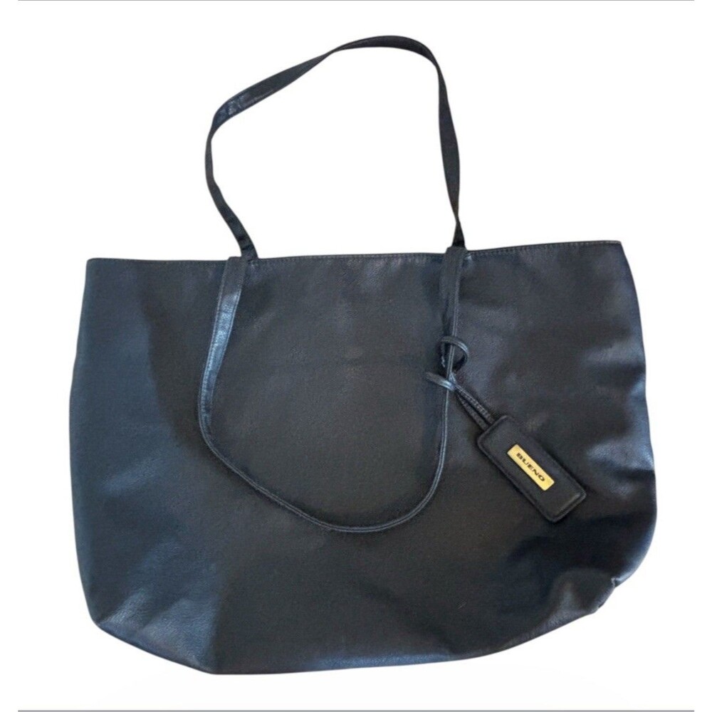 Bueno Blk Faux Leather Large Tote Bag Purse Vintage Organizer Plaid Interior 19”